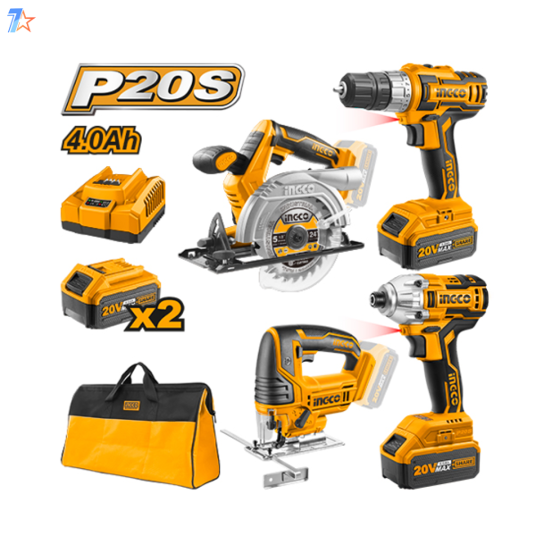 Cordless 4-Pc. Combo Kit Complete Power Tool Set Lithium-Ion 20V INGCO CKLI2010